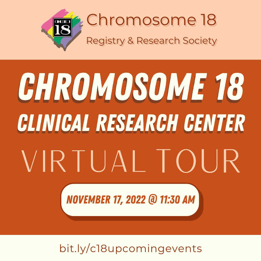 Ch18Registry (@chromosome18reg) on Twitter photo Our C18 Clinical Research Center Virtual Tour is one week away! The tour will be hosted on November 17th at 11:30 AM. Join us to learn more about our facilities and to get any questions you may have answered. 
For more information and to register: bit.ly/c18upcomingeve… Our C18 Clinical Research Center Virtual Tour is one week away! The tour will be hosted on November 17th at 11:30 AM. Join us to learn more about our facilities and to get any questions you may have answered. 
For more information and to register: bit.ly/c18upcomingeve…