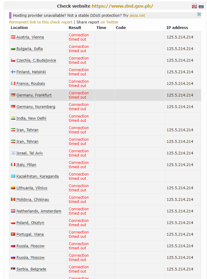 #Anonymous will never agree with any military dictatorship. The ministry of defense of philippine is completely crushed. 

#OpPhilippines 
#FckMarcos
#OpAntiPropaganda
#PercyLapid
#ITSec 
#ITSecurity 
#Hactivism
#AnonOps
#Hacking
#DDoS