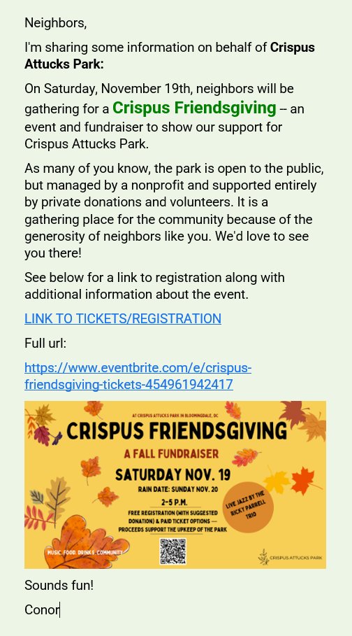 ScottRobertsDC's tweet photo. see this 11-09-2022 Conor Shaw message promoting the @CrispusAttucksP Friendsgiving event &amp; fundraiser on Sat, 11-19-2022, 2pm-5pm

https://t.co/a3tKSR5Qs3

proceeds support the upkeep of the Park

#BloomingdaleDC https://t.co/00gIWzjKt5