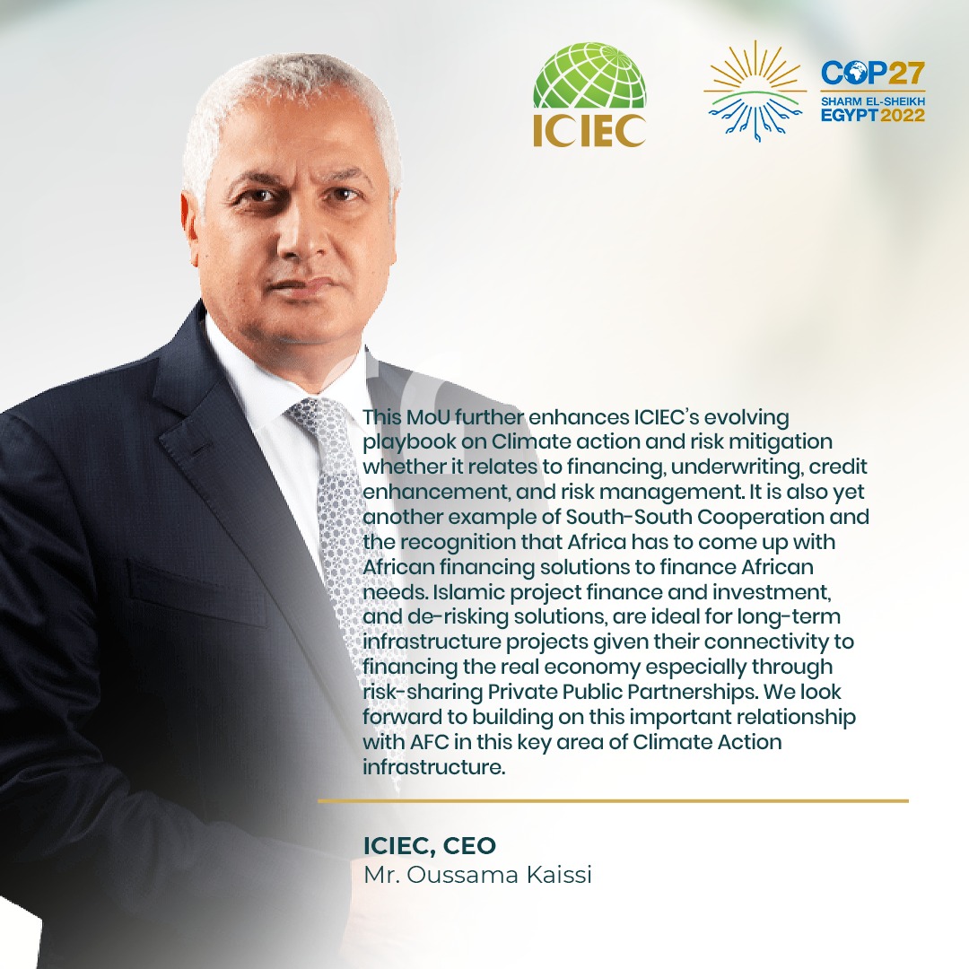 ICIEC_IDB's tweet photo. Mr Oussama Kaissi, CEO of @ICIEC_IDB speaking on the recently signed MOU with the @africa_finance on the sidelines of @COP27P.
#ClimateAction #cop27 #copEgypt https://t.co/prWIylZLnC
