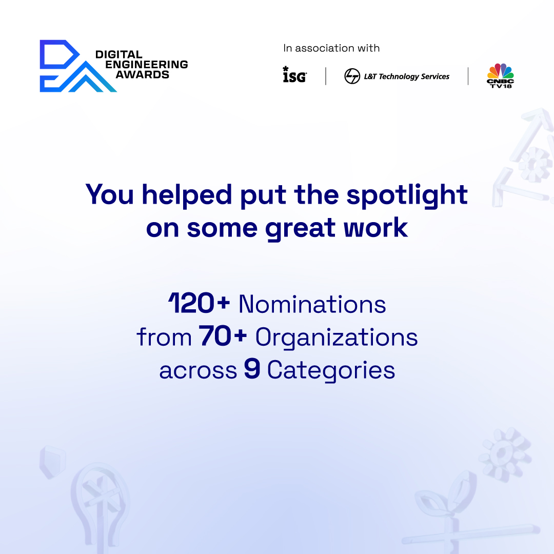 DEAwardsLive's tweet image. A big thank you to all of you! We are humbled by the impressive response we received from engineers across industries and domains. 

Stay tuned. We cannot wait to announce the finalists.

@ISG_News | @LnTTechservices | @CNBCTV18News 

#DigitalEngineeringAwards