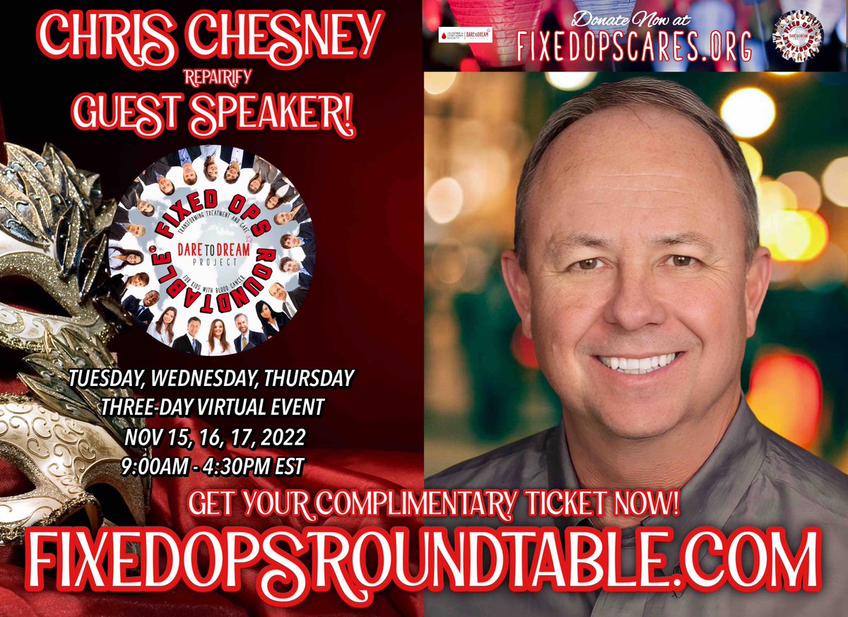 ANNOUNCING: Chris Chesney, VP of Training and Organizational Development at @Repairify_Inc is Guest Speaker at FixedOpsRoundtable.com - The 'Dare to Dream' Event on November 15, 16, and 17, 2022! VIRTUAL TICKETS ARE COMPLIMENTARY! #Automotive #FixedOps