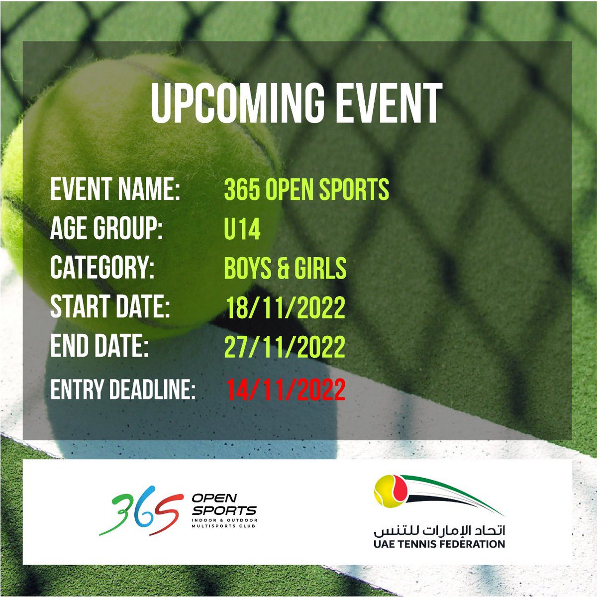 uaetf's tweet photo. Upcoming Event...

#uaetennisranking #uaetennisrankingtournaments 

#uae #uaetennis #uaetf #uaetennisfederation
#tennis #dubai #abudhabi #sport 
#tennisplayers #tenniscourt #tennisvideo #tennisgirls #tennisboys
 #sportdubai #uaesports #tennis🎾
 #dubaitennis  #abudhabitennis https://t.co/P5TtXTAEiV