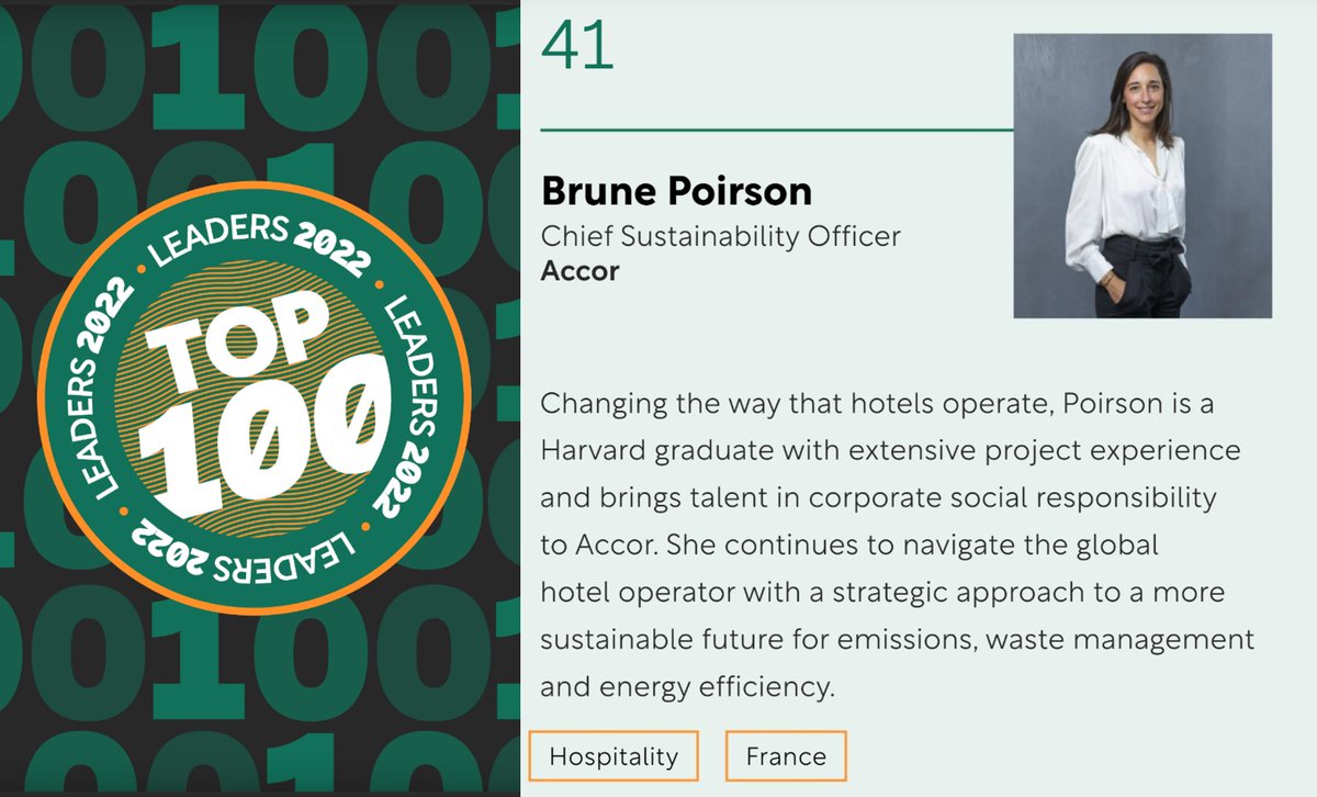 Congrats to <a href="/brunepoirson/">Brune Poirson</a> on being listed in <a href="/SustainabltyMag/">Sustainability Magazine</a>'s Top 100 #sustainability leaders. By being the only person from our industry (and #1 French #CSO), you show that we are relentlessly striving to do our part for #environmental and #social challenges!
🌍🌿🙌
#Accor