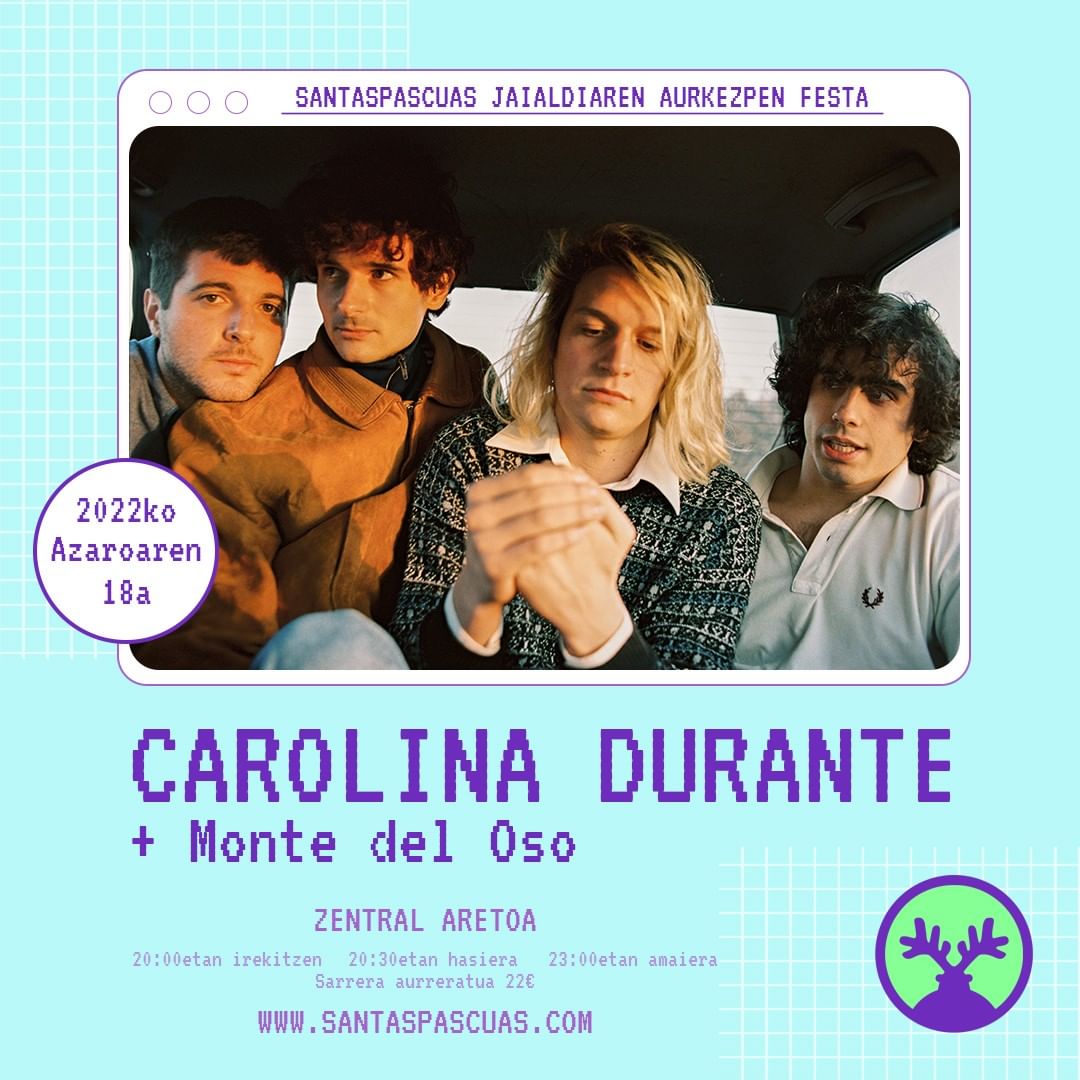 @Santaspascuas_F Azaroaren 18an #CarolinaDurante eta @montedeloso trío power pop-a zuzenean izango ditugu Zentral Aretoan 🙌 🎟️Sarrerak: zentralpamplona.com