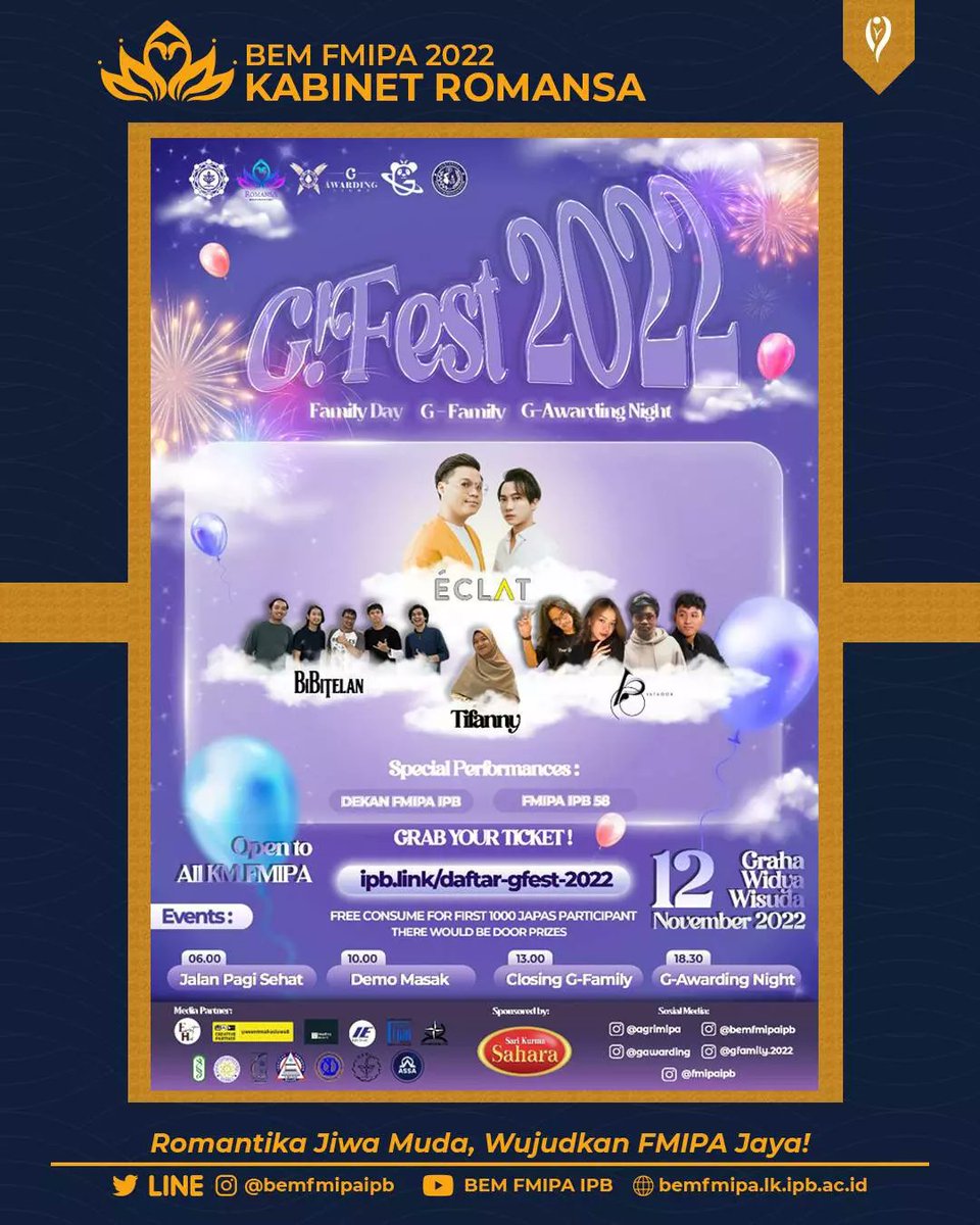 Halo KM FMIPA!

G!Fest merupakan acara gabungan antara Family Day, G-Family dan juga G-Awarding Night. Terdiri dari 4 rangkaian acara yaitu : Jalan Pagi Sehat, Demo Masak, Closing G-Family, dan G-Awarding Night.

Yuk baca selengkapnya di:
instagram.com/p/Ckux9tdPr2g/…