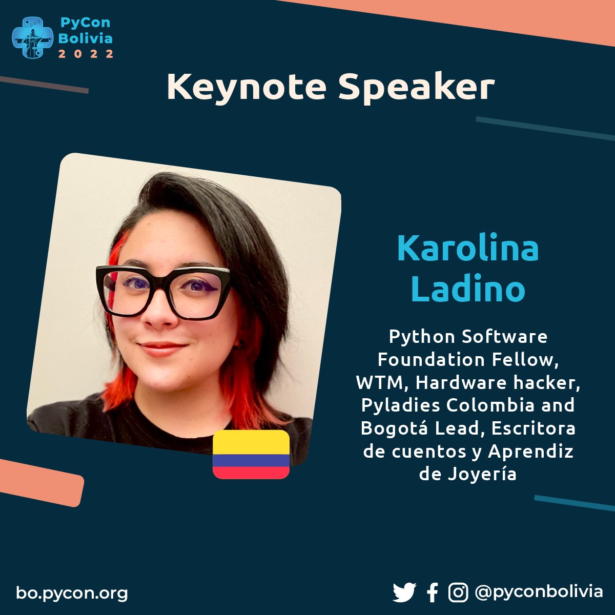 ¡Les presentamos a nuestra Keynote <a href="/karobotco/">Karobot 💚</a> ! 📣

🔹Karolina nos hablara acerca de La unión de: Comunidades, tecnología, oportunidades, equidad y brecha de género.

🐍Sera todo un placer contar con tan maravillosa Ponente 😃

#Python #PyCon #Bolivia #pyconbo #python