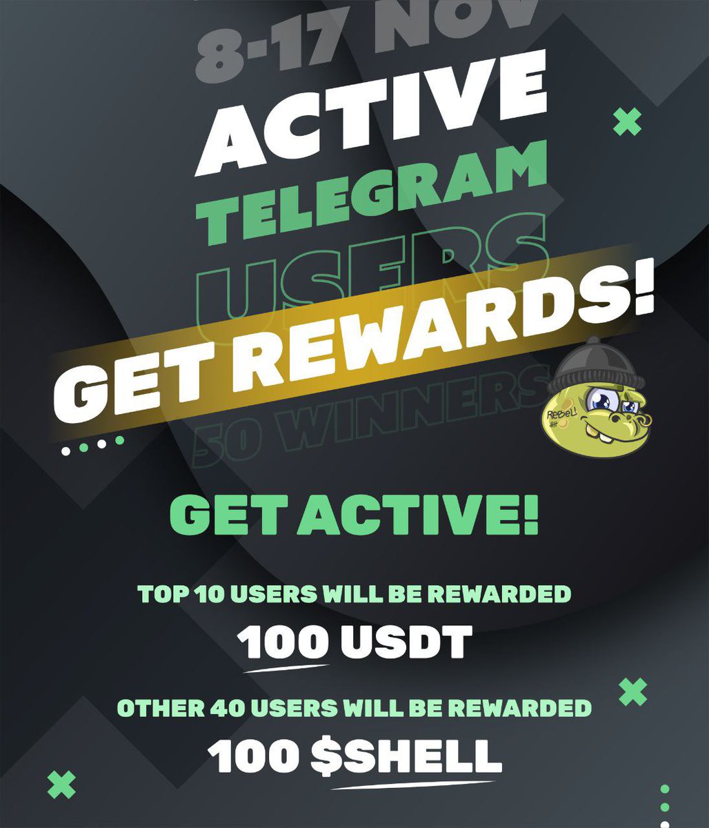 📣 ShellRebels event  is live!

🏆 Reward for Tasks:   100 usdt  for   Top 10 each.

👨‍👩‍👧 Referral Reward:     100 shell for top 40 winners 

Tasks :- join our telegram and keep chat healthy and active /invite your friends 
Telegram link:- t.me/shellrebels