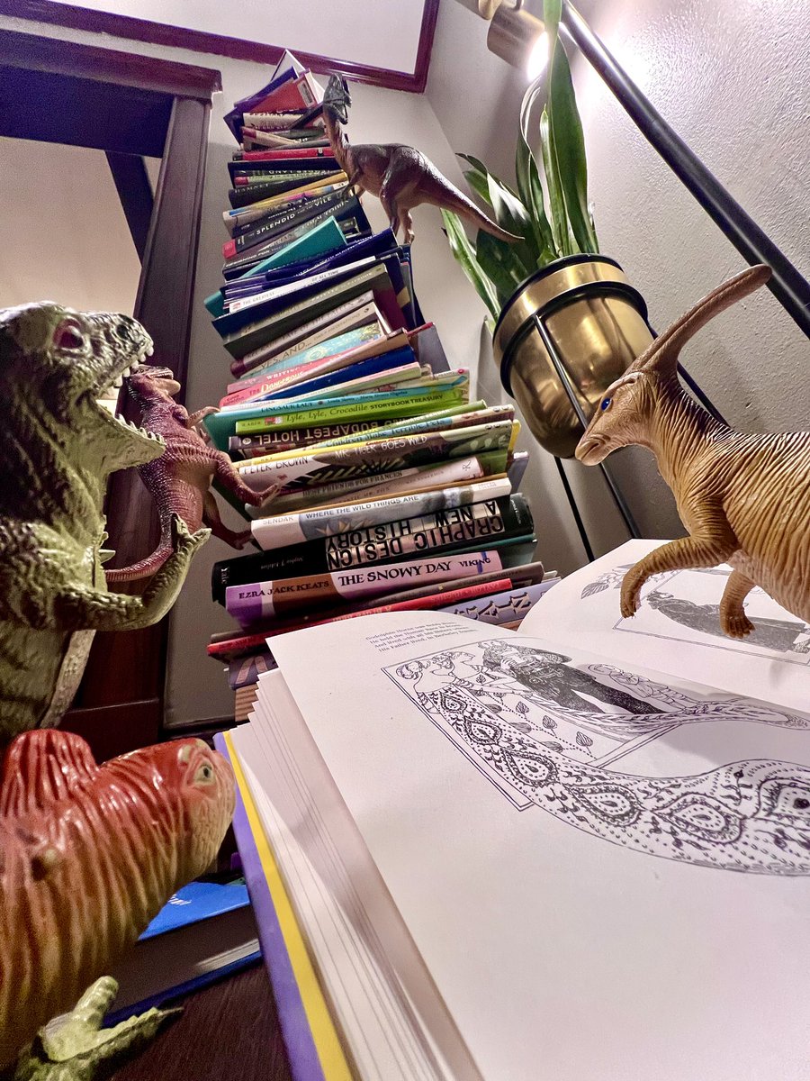 Dinovember's tweet photo. April’s TBR pile has gotten….a little out of control. 

#dinovember #whatthedinosaursdid #BookTwitter #librarytwitter #teachersoftwitter #dinosaurs https://t.co/snsg7urwAb