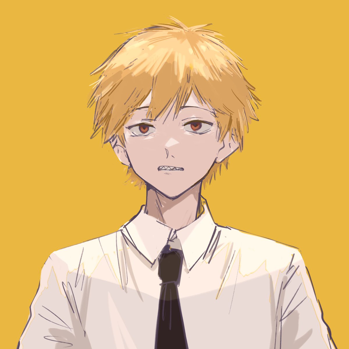 denji (chainsaw man) 1boy necktie shirt blonde hair teeth yellow background solo  illustration images