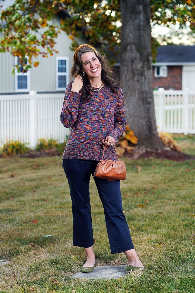 Fall Has Colors You See In No Other Season, Prisma Sweater & Blake Wide Leg Pants in Dark Navy from @AventuraClothng bit.ly/3NkMswg #curlycraftymomfashion #aventuraclothing #prismasweater #widelegpants #gifted