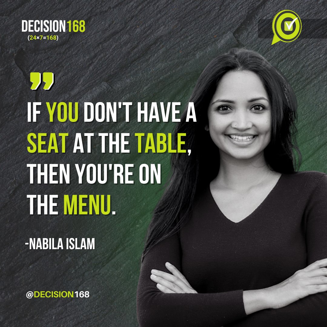 decision168's tweet photo. Not really much to do from the sidelines other than spectate. Here's a reminder to #getinvolved so you can #makeadifference
"If you don't have a seat at the table, you're on the menu" - Nabila Islam
.
#decision168 #gamvp #womeninleadership #womenempowerment #WomanMakingHistory https://t.co/hKSwImUZVf