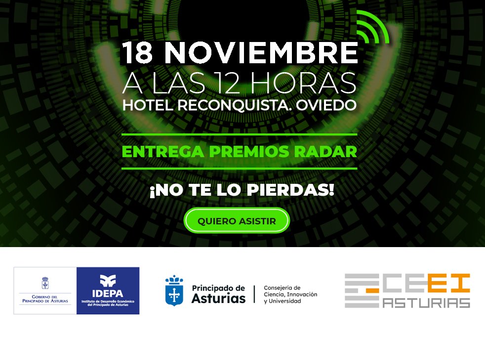 📢El próximo 18/11 celebramos los PREMIOS RADAR a la Innovación Emprendedora en Asturias 2022🚀 

Bloquea tu agenda  a las 12.00h en el 📍hotel de la Reconquista de Oviedo

¡Te esperamos!👇
my.mtr.cool/fjkfbmhaix