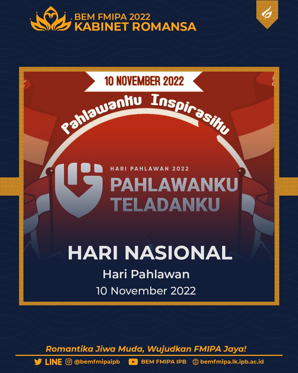 Halo KM FMIPA!

Tepat pada tanggal 10 November diperingati sebagai Hari Pahlawan Nasional RI. Karena pada 10 November 1945 terjadi pertempuran besar pascakemerdekaan, yang dikenal juga sebagai pertempuran Surabaya.

Yuk baca selengkapnya di:
instagram.com/p/CkyBWhxP7lE/…