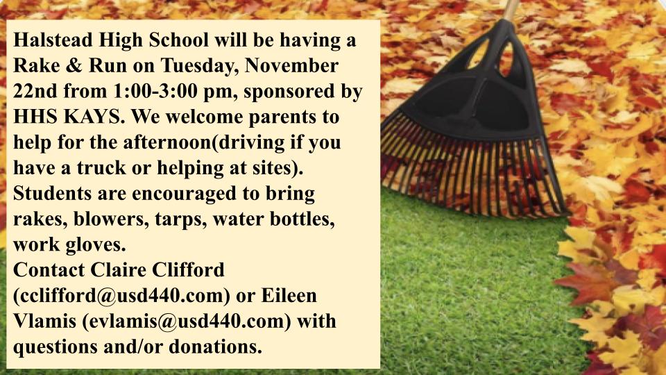 HHSKAYS's tweet photo. Halstead High School Rake and Run- Tuesday, November 22nd! @USD_440 @Halstead_AD @SuptBarry440 @chad_baalman https://t.co/2cHc3ovvK6