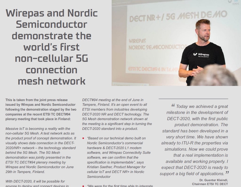 DECT_Forum's tweet photo. Wirepas and Nordic Semiconductor demonstrate the world’s first non-cellular #5G connection mesh network. Read the story on p12 of DECT Today magazine: https://t.co/1ynPQg4Mmt @NordicTweets @Wirepas #DECT #NR+ https://t.co/PiuQT8EwZ5