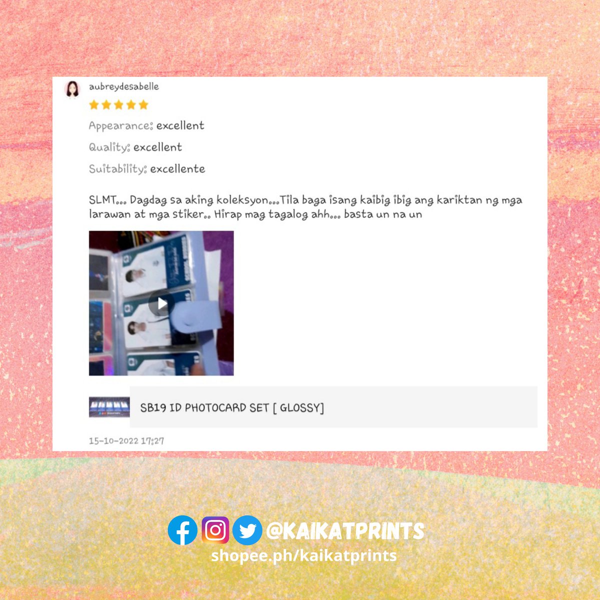 kaikatprints's tweet photo. Thank you for trusting our shop! 🥰

#SB19 #photocards #photocard #bubblehead #cupsleeve #thankyoucard #sticker #stickers #namedecals #handbanner #circlecard #memopad #prints #printshop #stickershop  #review #recommendation #satisfiedcustomer #kaikatprints #feedback https://t.co/D00ByhnvGK
