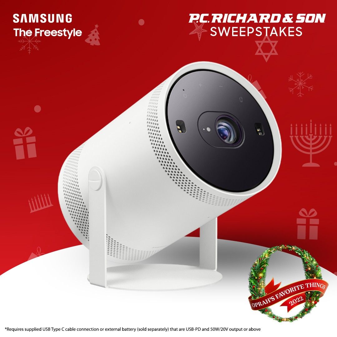 PCRichardandSon's tweet photo. We’re not Oprah, but we are giving away one of her Favorite Things 2022! We’ll be giving three (3) lucky winners a Samsung Freestyle Projector!

- Follow @PCRichardandSon on twitter and retweet this tweet.
- Comment with your favorite holiday movie.
*Full rules on our website. https://t.co/FGnbc3iOEe