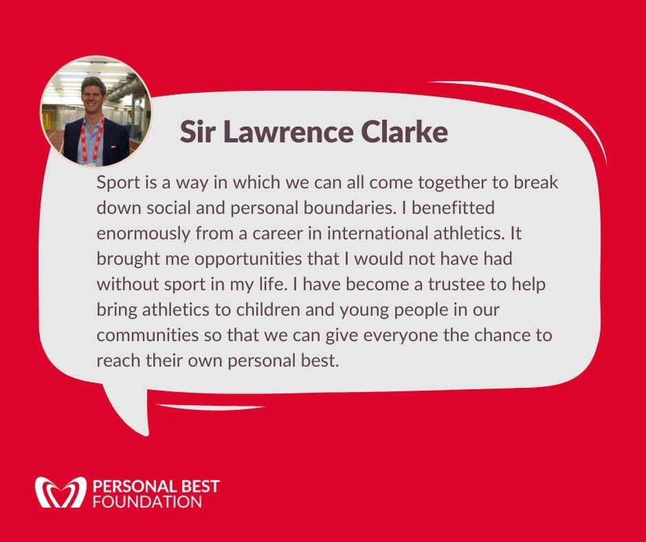 Personal Best Foundation (@pbestfoundation) on Twitter photo Trustee <a href="/lawrence_clarke/">Lawrence Clarke</a> OLY has been integral to our Fundraising Launch dinner Nov 18. Lawrence is a former Olympic hurdler and an advocate for athletics, keen to work with us to support children and young people’s well-being and increase access opportunities to athletics. Trustee <a href="/lawrence_clarke/">Lawrence Clarke</a> OLY has been integral to our Fundraising Launch dinner Nov 18. Lawrence is a former Olympic hurdler and an advocate for athletics, keen to work with us to support children and young people’s well-being and increase access opportunities to athletics.