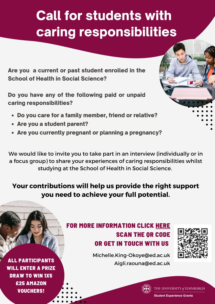 📌Recruitment still open!💡If you are (or were) a parent student <a href="/EdinUniHealth/">School of Health in Social Science</a> or provide care to a family member/significant other, we would like to invite you to share your experiences &amp; help us understand how to best support you!ℹ️For more info: edinburgh.eu.qualtrics.com/jfe/form/SV_bI…
