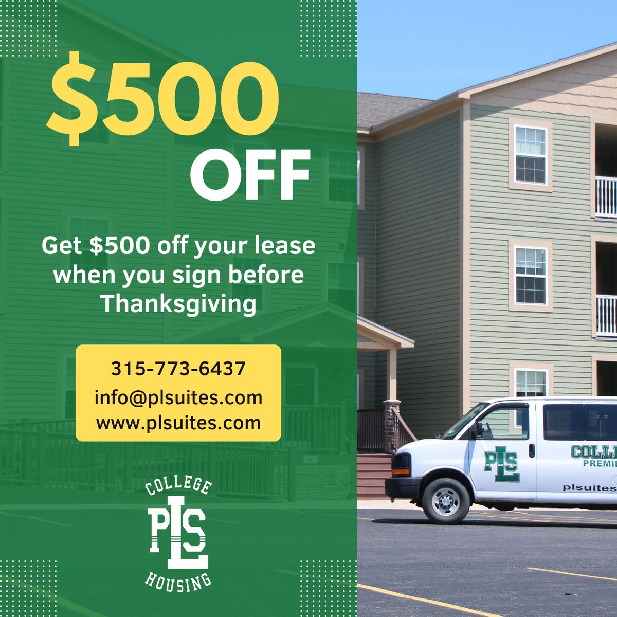 PLSOswego's tweet image. Get $500 off your lease when you sign before Thanksgiving. Spots fill up fast, so don’t wait!

📍 247 W Utica Street Oswego, NY
☎️ (315) 773-6473
✉️ Email: JamieL@plsuites.com

#PLSOswego #OswegoNY #SUNYOswego #OswegoState #LiveTheSuiteLife