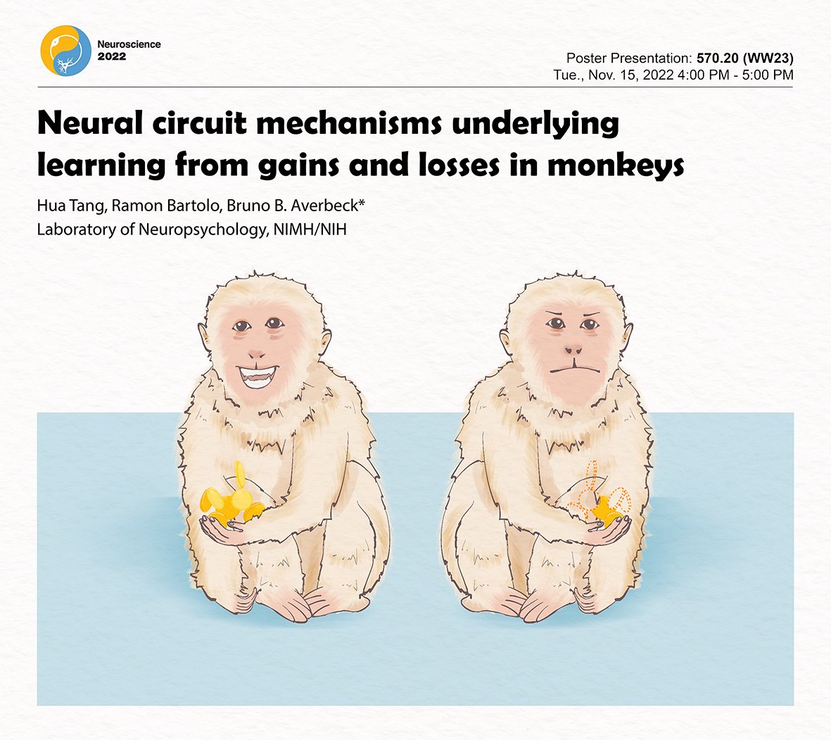 I made a poster for our #SfN2022 poster😁.
Please stop by 570.20 on Tuesday to check out our recent findings on monkey learning from gaining/losing tokens. We recorded from 4 frontostriatal areas simultaneously 😎. <a href="/rbartolo_phd/">Ramon Bartolo @rbartolo.bsky.social</a>  <a href="/BrunoAverbeck/">Bruno Averbeck</a>