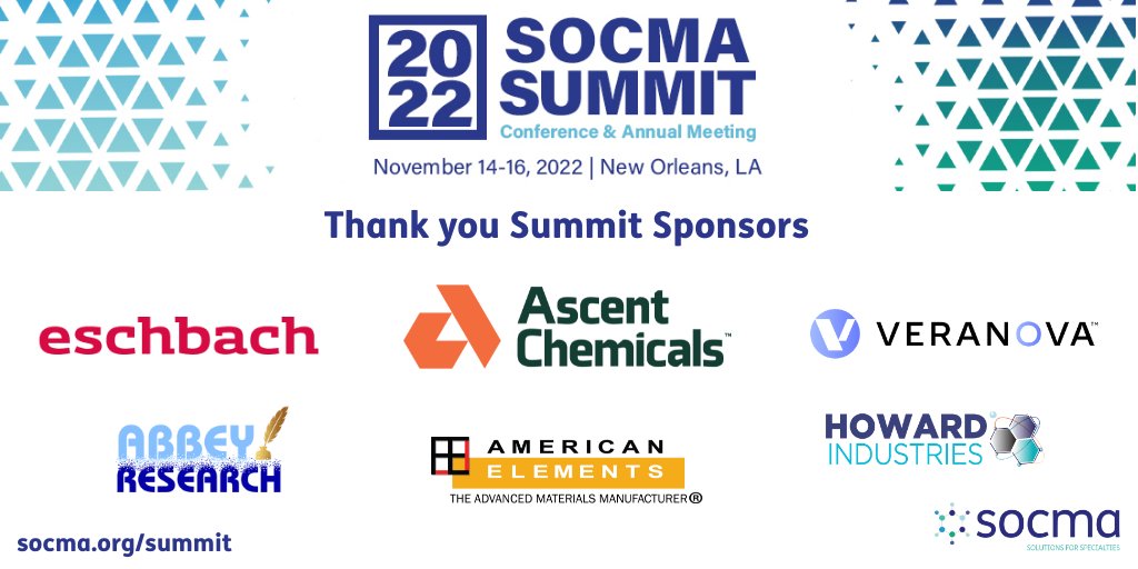 socma's tweet photo. We're excited to connect with you at the #SOCMASummit, where attendees will take away practical strategies & intel to improve all aspects of chemical facility operations. There's still time to register: https://t.co/rXUY1CD5n5
@AbbeyResearch @AmericanElement @Veranova_life https://t.co/HkywtIqIv0