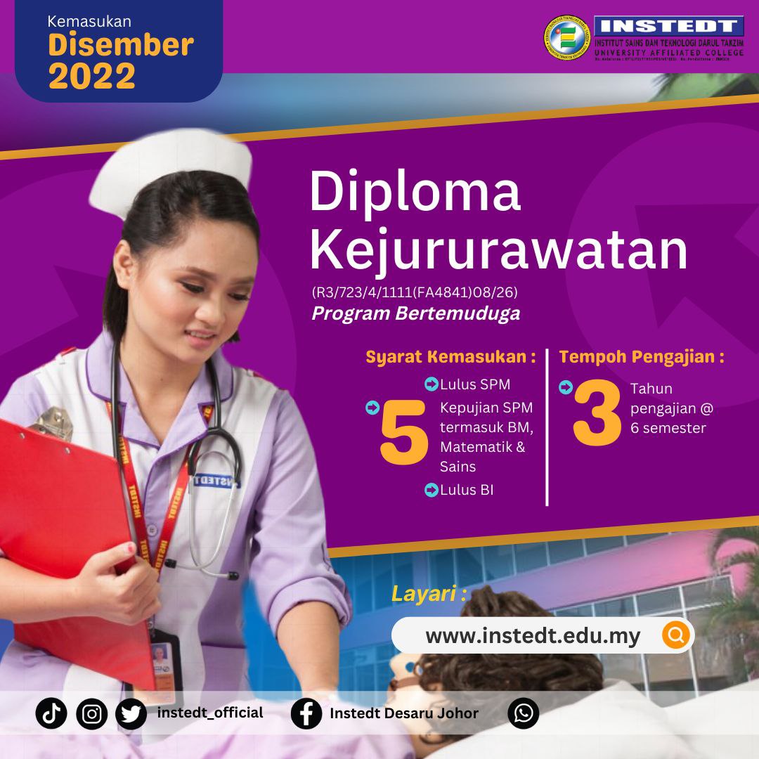 INSTEDTdesaru's tweet photo. Apa yang diharapkan dari segulung DIPLOMA? Pekerjaan! Di INSTEDT, jaminan kerjaya dalam bidang kejururawatan terbuka luas. Hospital-hospital ternama akan datang mencari ANDA di sini. Jom daftar untuk kemasukan DISEMBER 2022. 

Klik link di bawah:
📲 https://t.co/CsrihJVJuE https://t.co/nqhEr72vVl