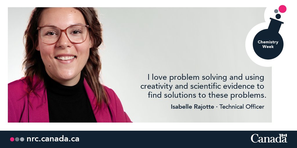 NRC_CNRC's tweet photo. Problem-solving and creativity drew #NRCMetrology’s Isabelle Rajotte to the field of chemistry! Isabelle has worked on key projects like the #CertifiedReferenceMaterials on pure cannabinoid solutions, a rewarding challenge for her. 
#ChemistryWeek @RoySocChem https://t.co/9oyCQyb16c
