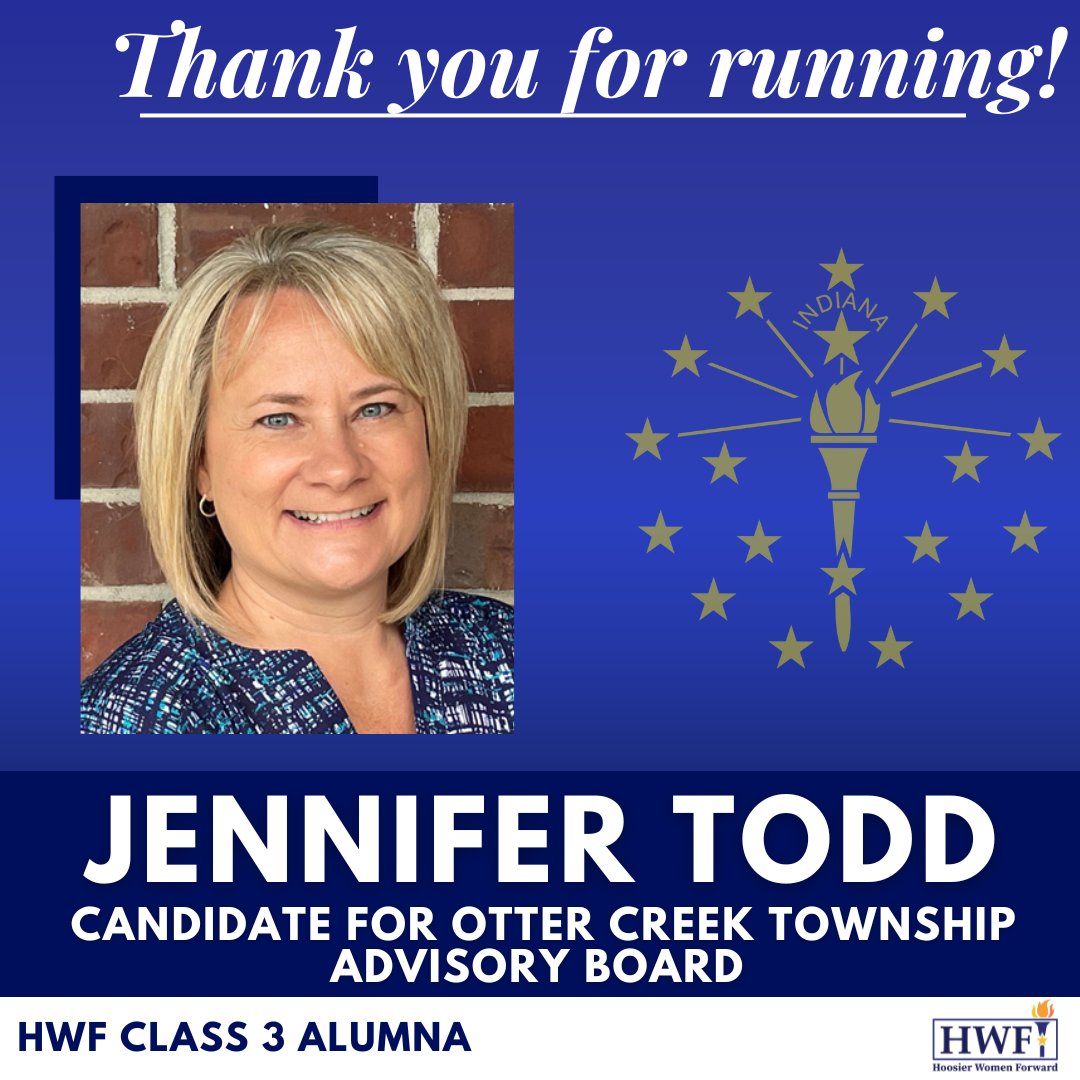 inwomenforward's tweet photo. Thank you HWF Class 3 alumna Jennifer Todd for running for Otter Creek Township Advisory Board! We are proud to see our alumnae stepping up to run and make Indiana a state that works for everyone. #IndianaElection #WomenLeaders2022 #Indiana https://t.co/8v1X6vqDE3