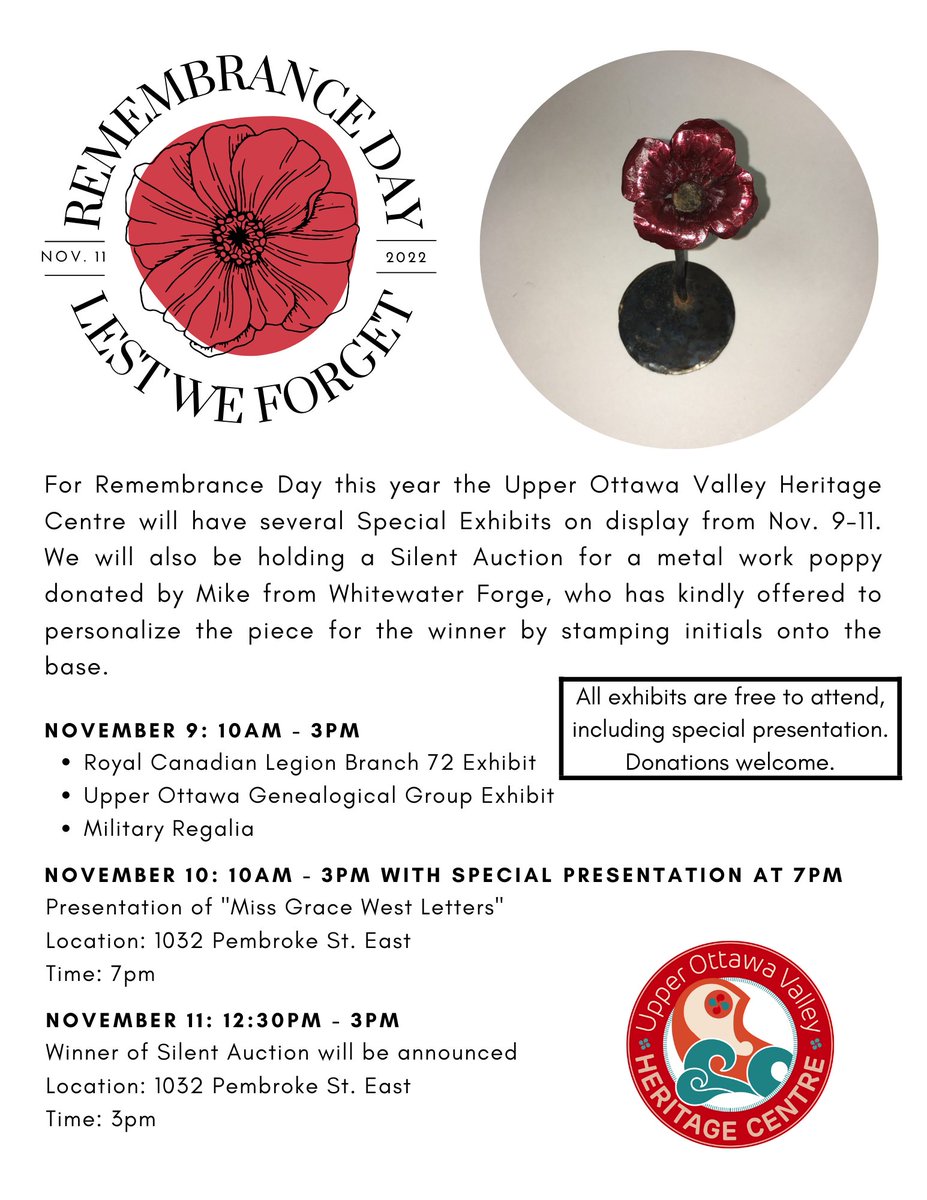 ChamplainMuseum's tweet photo. #RemembranceDay exhibits. FREE admission Nov 9 - 11. Nov 10 @ 7pm: Miss Grace West Letters. Silent Auction for #WhitewaterForge poppy. #LestWeForget #PembrokeON #OttawaValley https://t.co/3U6EM0G5zo