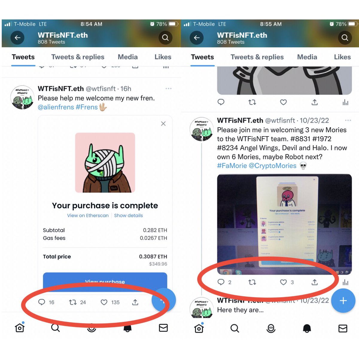 wtfisnft's tweet image. Look at this engagement from @alienfrens compared to @CryptoMories. I recently bought 3 #Mories at once, that’s 6 altogether and barely got a reaction. Meanwhile look at how my frens welcomed my second fren… thanks #Frens #ForeverFren 👽🖖🏼