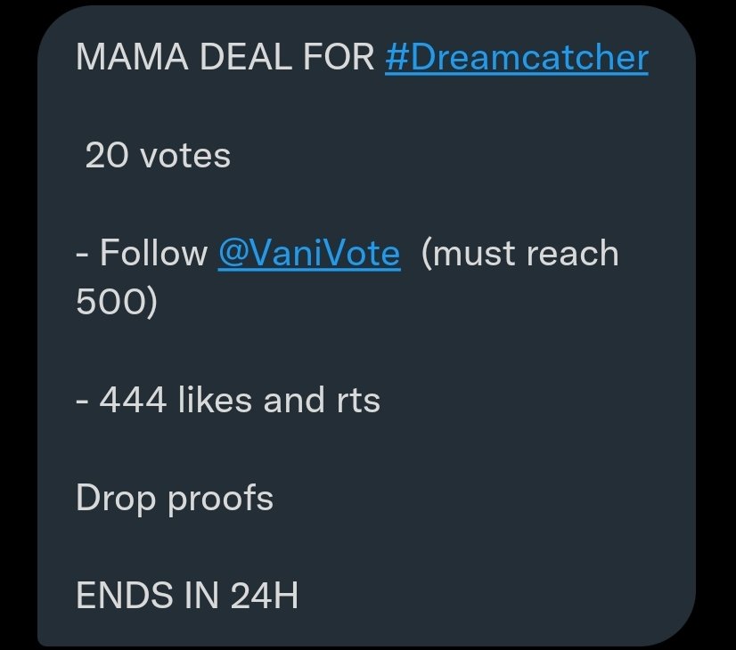 crowtitbora's tweet photo. MAMA DEAL FOR #Dreamcatcher 

 20 votes

- Follow @VaniVote (must reach 500) 
- 444 likes and rts 

Drop proofs

⚠️ENDS IN 24H⚠️
#드림캐쳐 https://t.co/6GfOYUmPPs