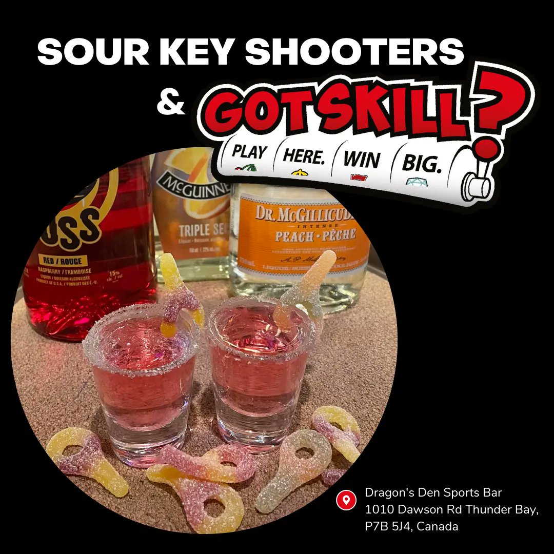 gotskillgames's tweet photo. Dragon's Den Sports Bar is serving up some seriously sweet shooters! Check out their Sour Key shooter, and while you're there, play a game of GotSkill? to win cash! 

#pubgames #restaurantgames #skillbasedgames #ontarioskillgames #skillgames #cashgames #cashandwin https://t.co/aji27rLhGV