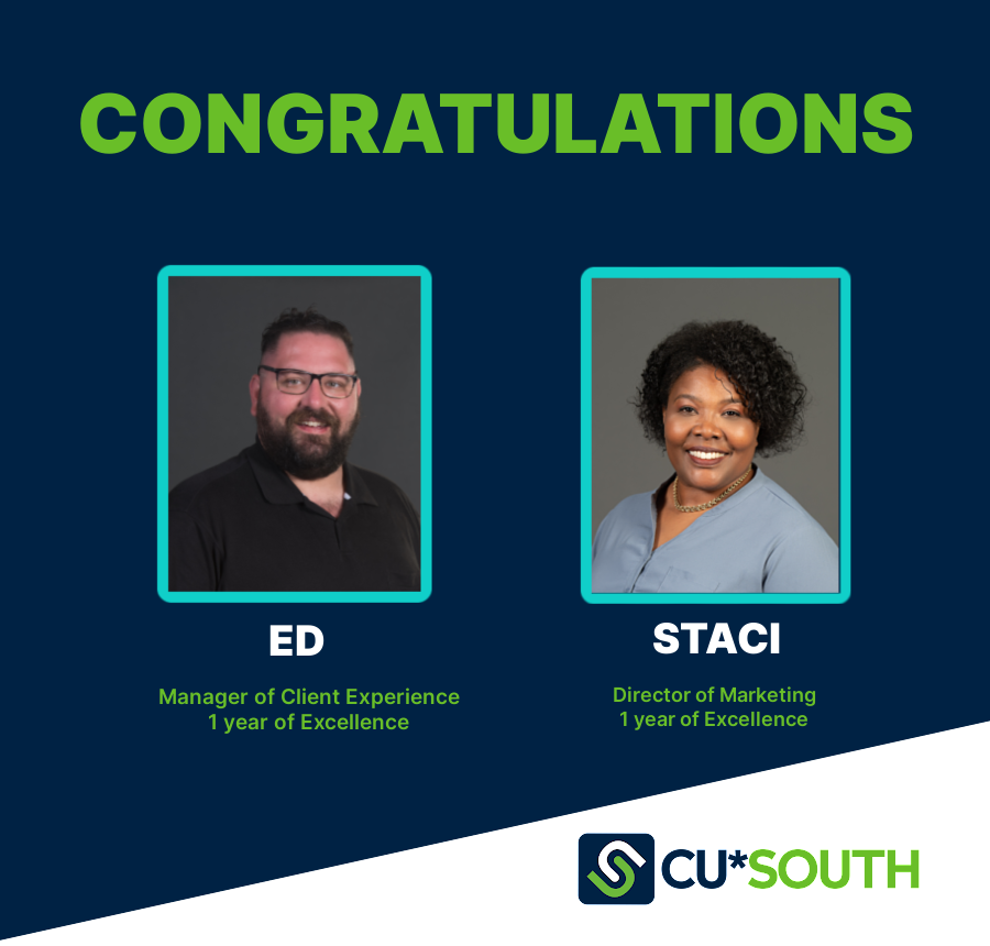 CUSOUTH's tweet photo. ✨ Happy #WorkAnniversary to Edward Adams and Staci Hazeur. #Congratulations, and THANK YOU for all that you do! It's an honor to have you as part of the CU*SOUTH family!
#EmployeeSpotlight #TeamCUSOUTH https://t.co/bHz0OTp1Wv