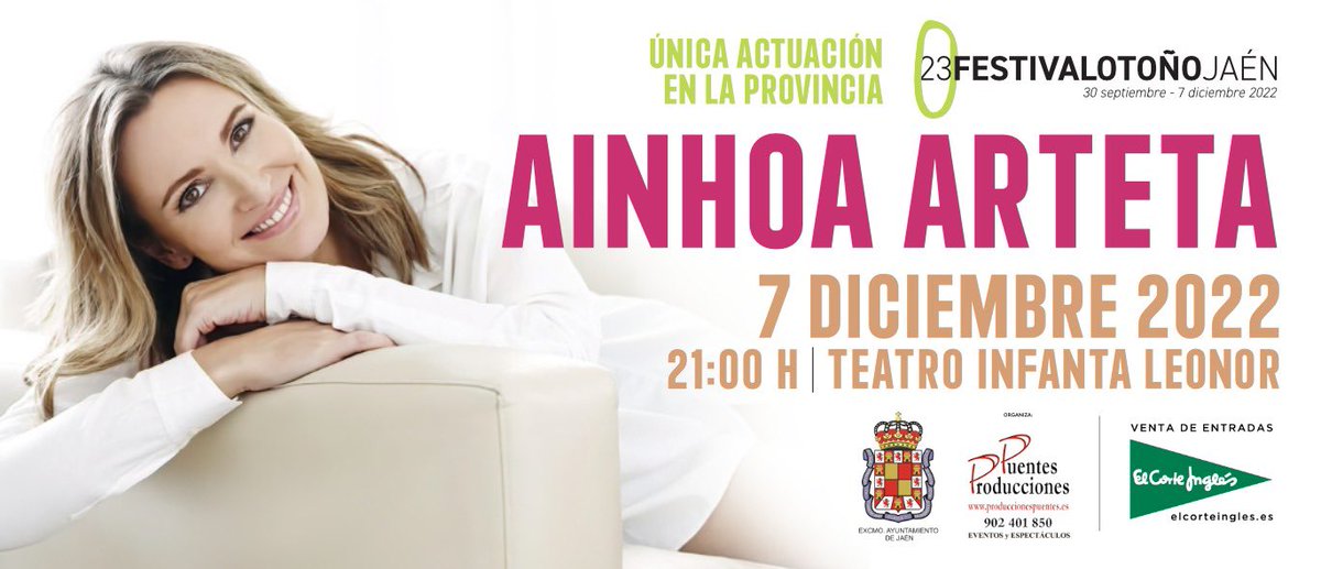 ManuelPuentesRu's tweet photo. 23FestivaldeOtońoJaéndía 2 de Diciembre a las 21:00 h. de la Obra de Teatro MILES GLORIOSUS, y la actuación el Dia 7 de Diciembre a las 21:00 h. de la
Soprano AINHOA ARTETA  en el Teatro Infanta Leonor de Jaén, entradas a la venta en:
https://t.co/1jqut2Cgjj y en El Corte Inglés https://t.co/a31eeTLLya