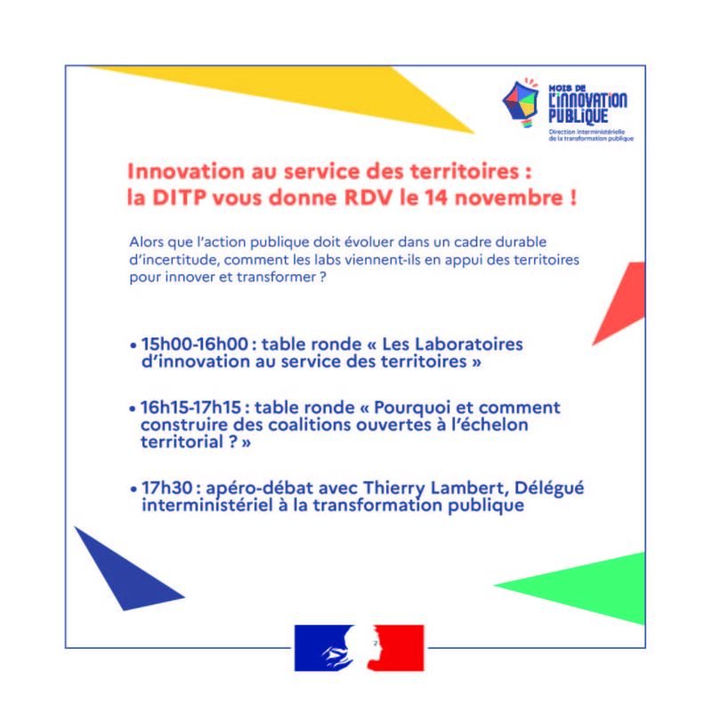 #MoisInnovationPublique RDV lundi 14/11 pour échanger sur les moyens de mobiliser l’innovation publique au service des territoires autour de deux tables rondes organisées par <a href="/_DITP/">Transformation publique</a> en partenariat avec <a href="/acteurspublics/">acteurs publics</a> 👉bit.ly/3TXDR5p