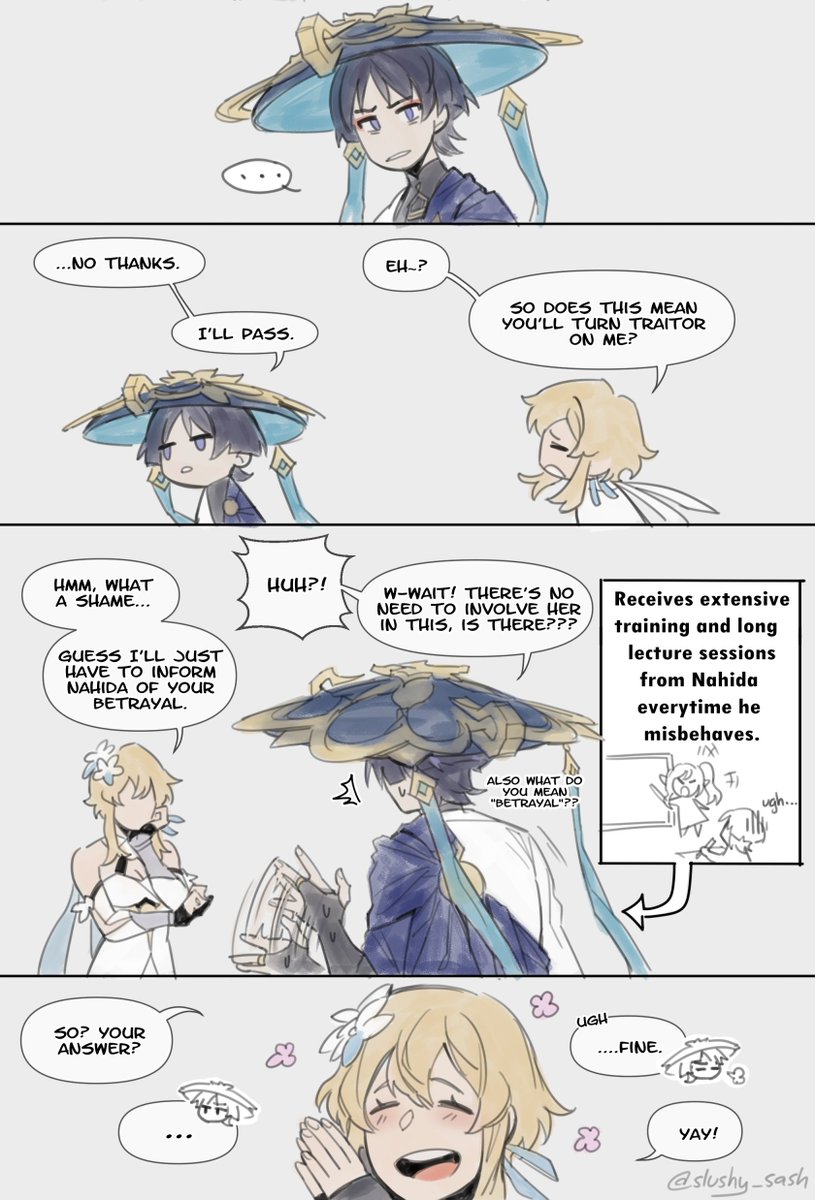 slushy_sash's tweet photo. [ Earning Trust ]
a silly little scaralumi comic to spread my tsundere scara agenda <3
#Genshinlmpact https://t.co/UBDPVugrr9