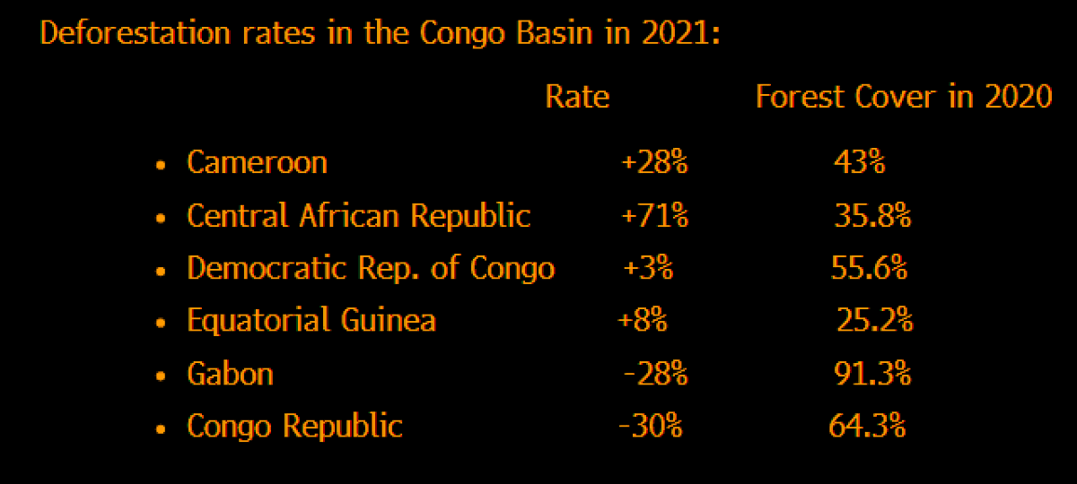 mjkcongo's tweet photo. Data on 2021 deforestation rates in Congo Basin from Amsterdam-based @Climate_Focus_ https://t.co/M20xiprzGe