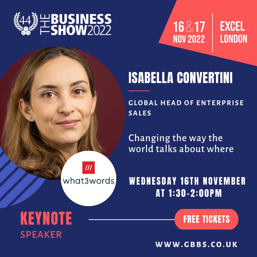 TheBusinessShow's tweet photo. Isabella is Global Head of Enterprise Sales for what3words, a tech start-up trying to change the world for the better by addressing it all with just 3 words. 

Sign up here: https://t.co/8rzyDvSAsu 

#TBS2022 #TBS #KeynoteSpeaker #What3Words #Technology #November #Entrepreneurs https://t.co/Om0YI0xw5c