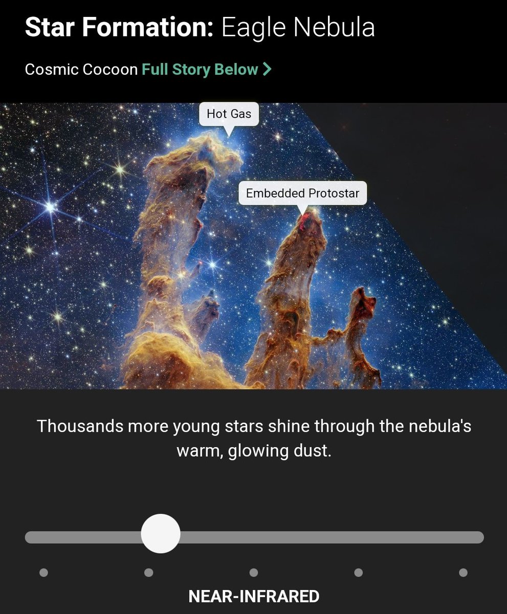 The Eagle Nebula offers views of a stellar nursery in multiple wavelengths, allowing us to see both the dense cocoons of dust and the stars forming within. 

➡️ Slide through the different wavelengths in this new interactive tool: viewspace.org/interactives/u…
