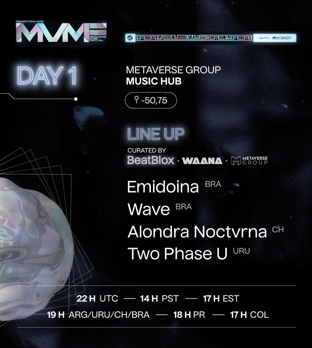 Today's the BIG day! #DCLMVMF22 

DAY 1

📍 Metaverse Group Music Hub
📍 play.decentraland.org/?position=-50%…
⌚️ UTC: 22:00 //  PST: 14:00 // EST: 17:00
▫️ ARG/URU/CHI/BRA: 19:00
▫️ Puerto Rico: 18:00
▫️ Colombia: 17:00

EMIDOINA · WAVE · ALONDRA NOCTVRNA · TWO PHASE U

<a href="/decentraland/">Decentraland</a>