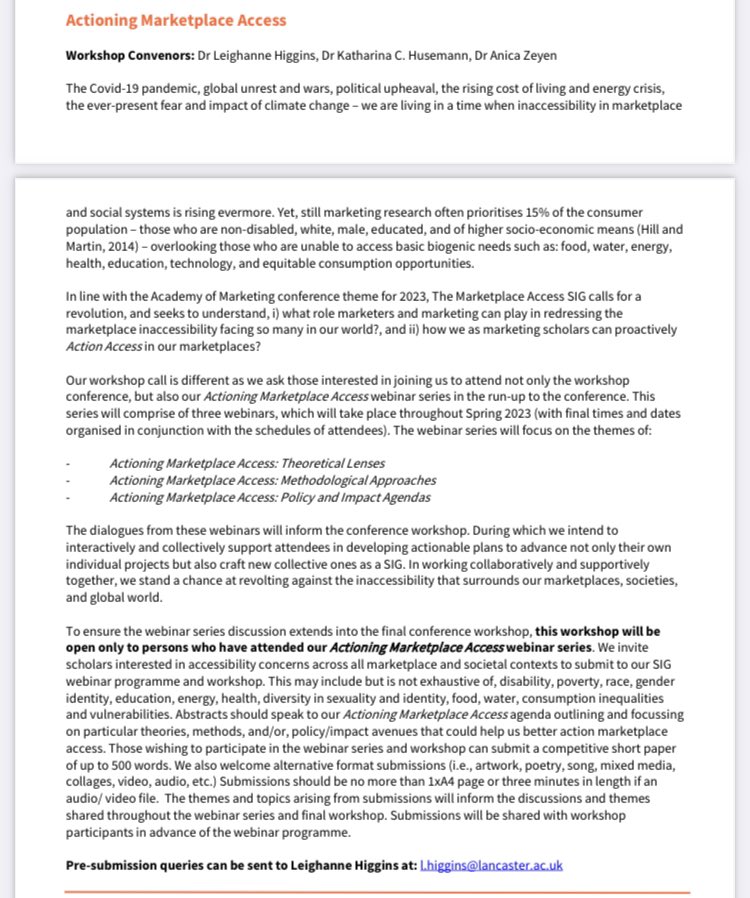 Very excited to announce the call for our <a href="/Acad_Marketing/">Academy of Marketing</a> SIG workshop Actioning Marketplace Access! Full call in the attached image and further information in tweet below! Submission deadline: 17th January 2023! Please get in touch if you have any queries!👍👍👍