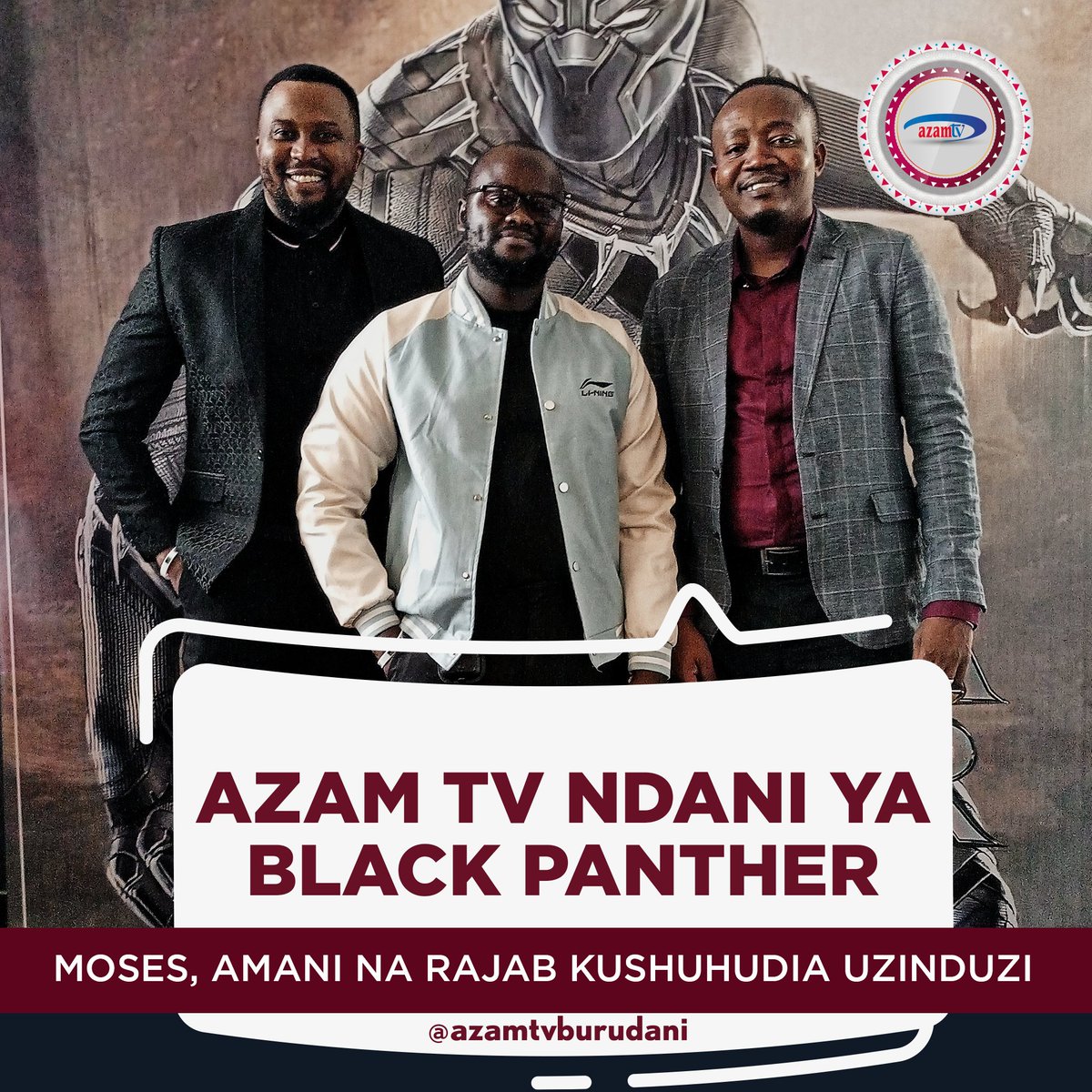azamtvtz's tweet photo. Watangazaji na waandaaji wa kipindi cha #Mkanda cha #AzamTWO, Moses Clemence (kulia), Amani Kilaha (katikati) na Rajab Mbogo wanahudhuria uzinduzi wa filamu mpya ya #BlackPanther2 #WakandaForever ikiwa ni mwaliko maalum kutoka Ubalozi wa Marekani nchini @usembassytz https://t.co/K7L7rNHcfe