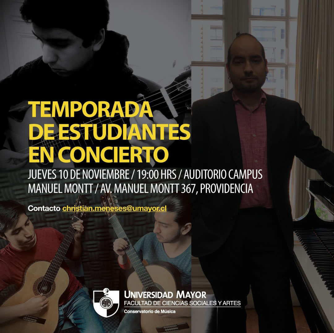 Facultad de Ciencias Sociales y Artes U. Mayor (@facsaumayor) on Twitter photo 🗓️Hoy se realizara un nuevo concierto por parte de Estudiantes del Conservatorio en el campus Manuel Montt <a href="/umayor/">Universidad Mayor</a>. En esta oportunidad Esteban Garrido, Marcelo Saavedra y Erick Tambley interpretarán obras en piano y guitarra. Para asistir escribe a: christian.meneses@umayor.cl 🗓️Hoy se realizara un nuevo concierto por parte de Estudiantes del Conservatorio en el campus Manuel Montt <a href="/umayor/">Universidad Mayor</a>. En esta oportunidad Esteban Garrido, Marcelo Saavedra y Erick Tambley interpretarán obras en piano y guitarra. Para asistir escribe a: christian.meneses@umayor.cl