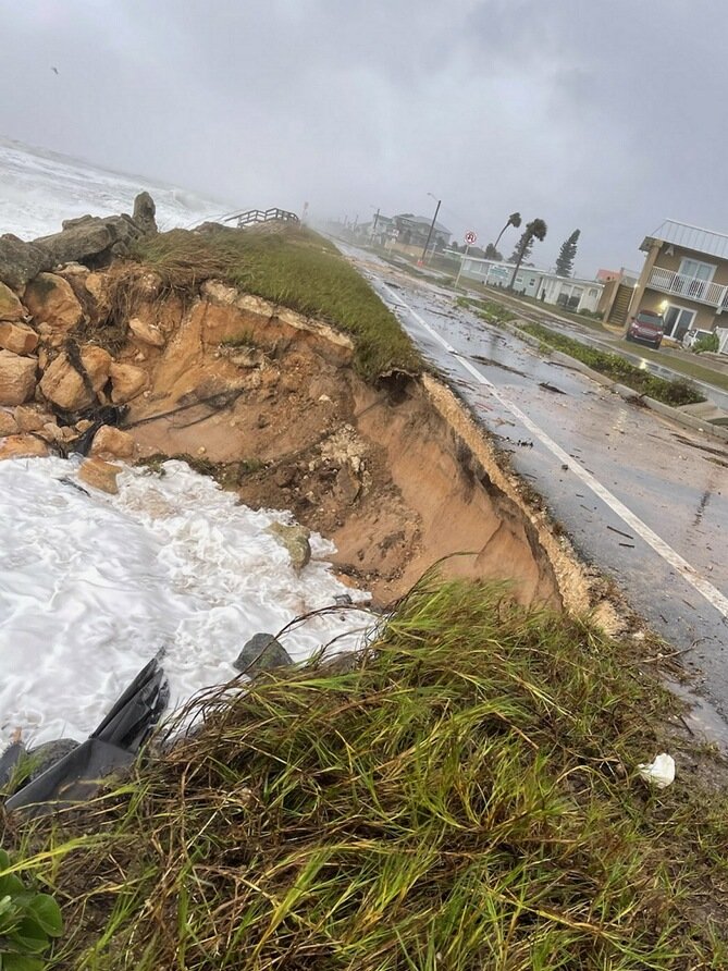 FlaglerEOC's tweet photo. Some of the damage on A1A in Flagler Beach. Please stay away from A1A, as there is significant damage to the roadway. ⚠️ #damage #a1a #nicoledamage https://t.co/EmobNph4Br