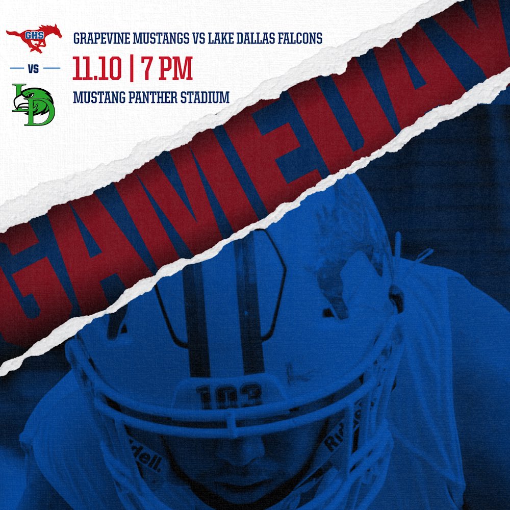GHSMustangsFB's tweet photo. 🔴🔵 IT’S 🌟PLAYOFF🌟 GAME DAY, MUSTANGS! 🔴🔵

Join us tonight at Mustang Panther stadium as we take on the Lake Dallas Falcons in our Round 1 Playoff game at 7pm! 

🎟 Tickets: https://t.co/5pRCd6vJbK

📺 Stream: https://t.co/aPKOPhjJKl https://t.co/M9kJNno4rB