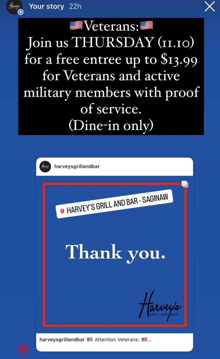 _Harveys's tweet photo. 🇺🇸TODAY!!!🇺🇸 Veterans &amp; active military members receive a free entree up to $13.99 with proof of service. (11.10.22. Dine-in only)

From all of us at Harvey’s, THANK YOU for your service! 🇺🇸 https://t.co/aR2XElVdI4