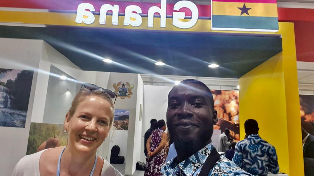 YREGhana's tweet photo. Our deputy YRE Board Member, Nii Noi Omaboa, together with @FEEInt's Kristina Madsen, in front of the official @GhanaPresidency booth at the ongoing @COP27P, happening currently in Egypt.

#climateeducation #climatechange #GlasgowDeclaration #UNESCO #UNEP #UNFCCC #UNWTO #YOUNGO https://t.co/b3N8ITNIsn
