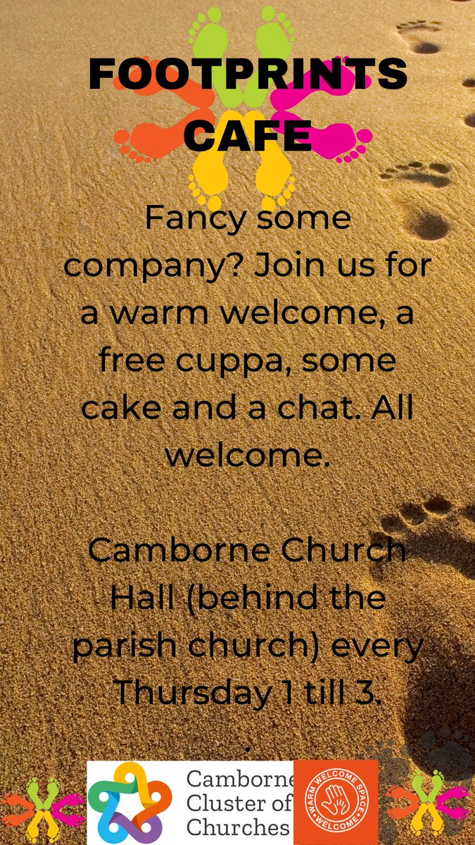 Footprints Cafe, 17th of Nov 1-3 Camborne Church Hall, please share this so we can welcome as many as possible. A free cuppa, cake, company and chat.  Footprints cafe is part of our warmth bank and warm safe space offering. #warmthbank #warmsafespace #footprints #cambornecluster